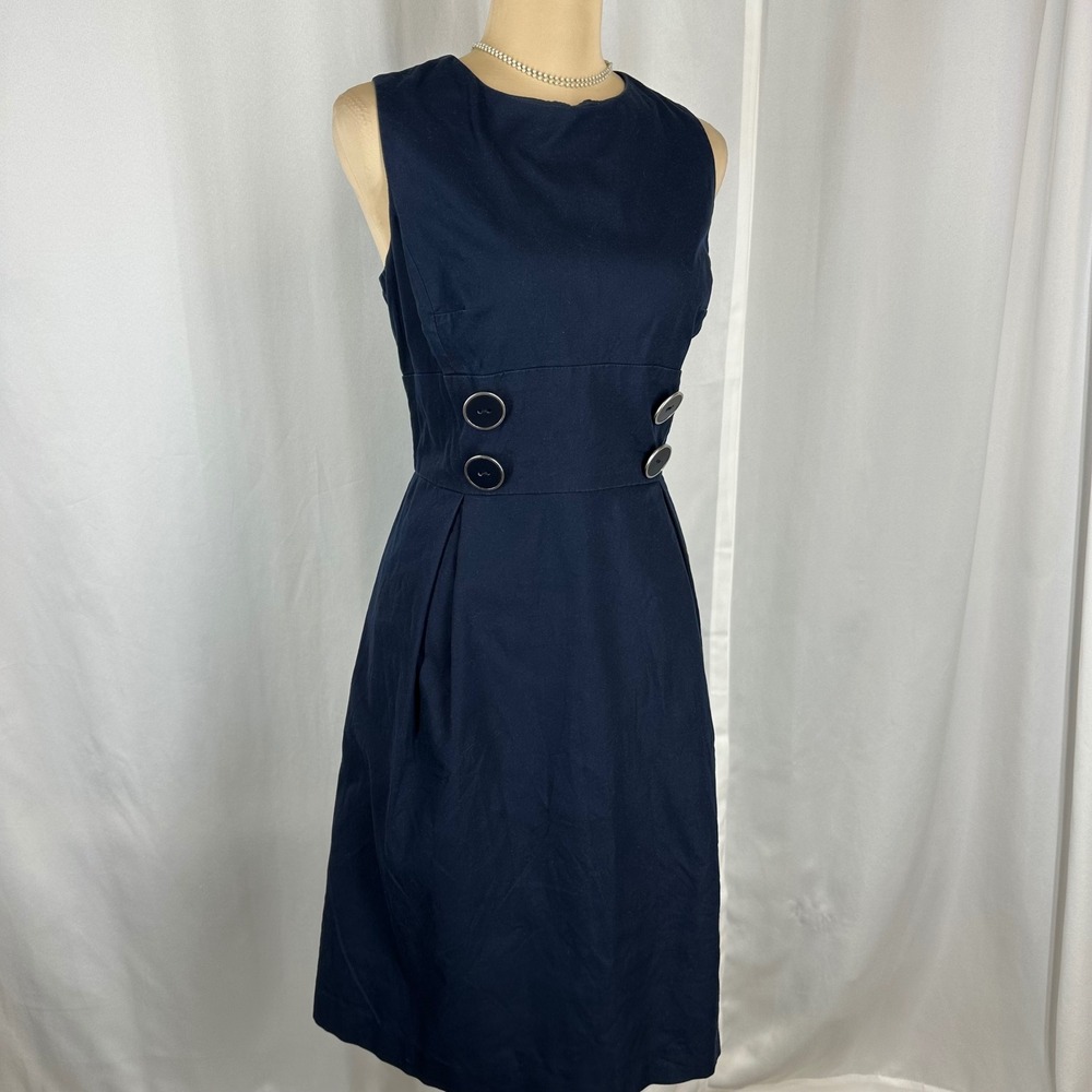 Talbots‎ Petites Womens 10P Navy Cotton Stretch Button Waist Dress